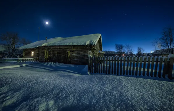 Picture winter, snow, landscape, night, nature, the fence, home, Perm Krai