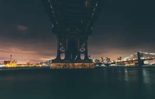 Night, lights, New York, bridges, United States