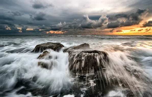 Sea, wave, water, clouds, rocks, splash, the evening, waves