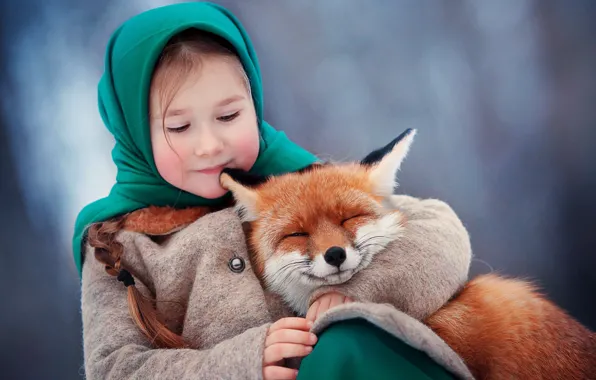 Winter, Fox, girl, hugs