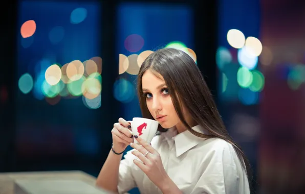 Picture girl, coffee, mug, cafe, bokeh