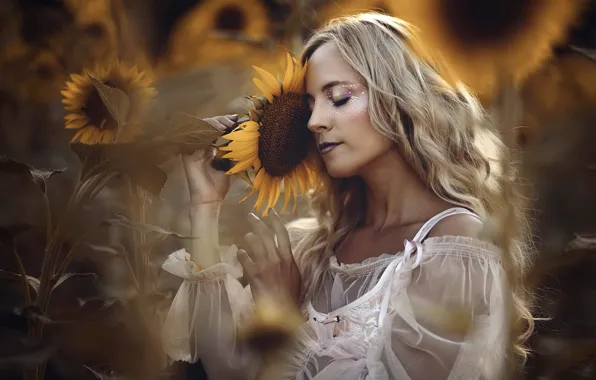 Summer, girl, sunflowers