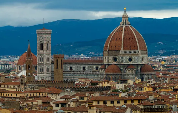 Mountains, home, Italy, panorama, Florence, the dome, Giotto's bell tower, the Cathedral of Santa Maria …