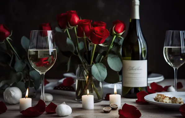 Flowers, table, holiday, wine, glass, bottle, roses, bouquet