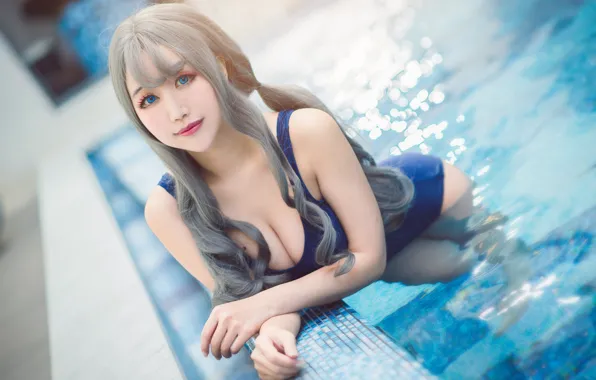 Swimsuit, chest, summer, look, water, girl, light, blue