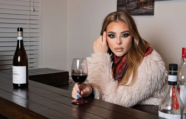 Look, Bottle, Glasses, Face, Wine, Makeup, Coat, Morgan