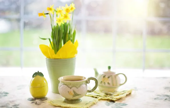 Picture flowers, table, tea, kettle, Cup, vase, still life, Narcissus