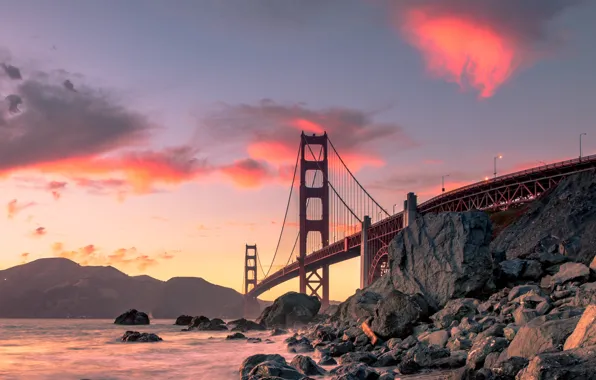 Picture landscape, sunset, mountains, bridge, Strait, stones, rocks, the evening