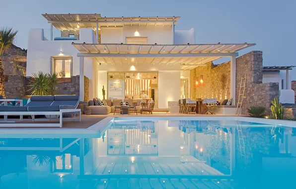 Villa, interior, the evening, pool, Greece, lighting, architecture, exterior