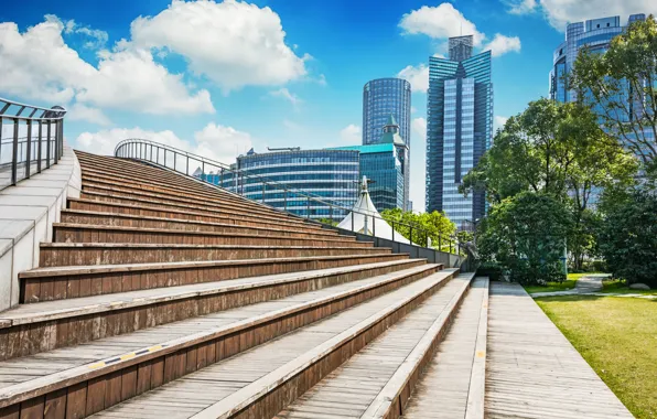 Summer, the sky, clouds, trees, building, steps