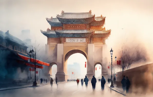 Picture art, china, architecture, exterior, watercolor style