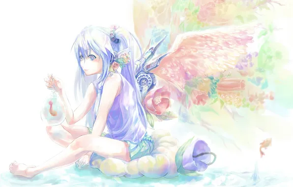 Girl, flowers, wings, fish, anime, art, vocaloid, hatsune miku