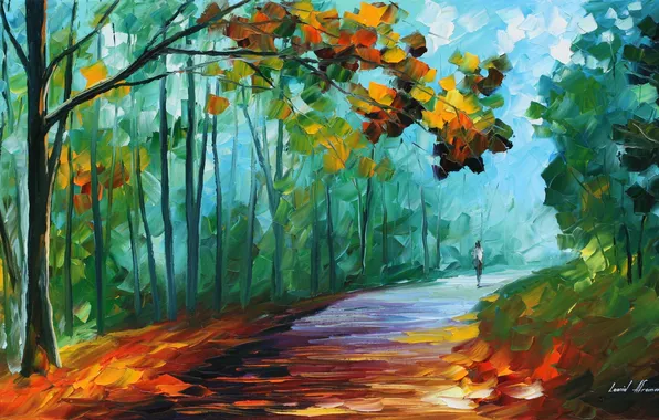 Picture road, autumn, leaves, trees, people, Leonid Afremov