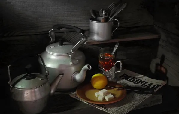 Picture lemon, kettle, newspaper, still life, Tea, refined sugar, photographer Sergey Pounder