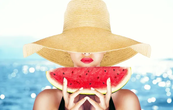 Picture sea, girl, glare, watermelon, hat, hunk