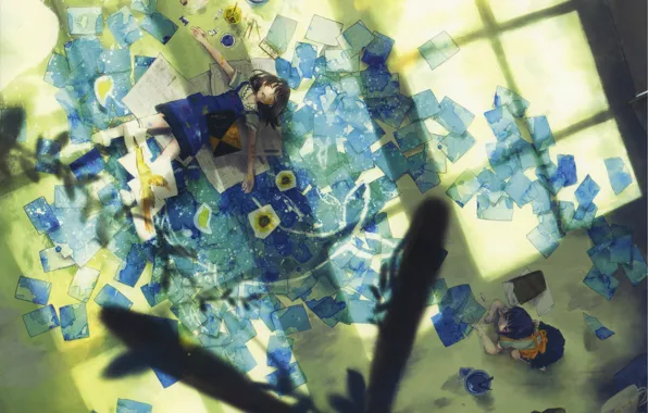 Light, stay, paint, two, drawings, bucket, floor, brush
