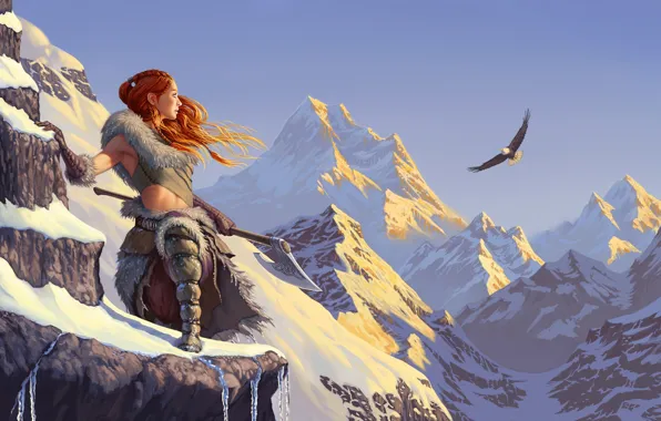 Picture the sky, girl, snow, mountains, eagle, red, axe