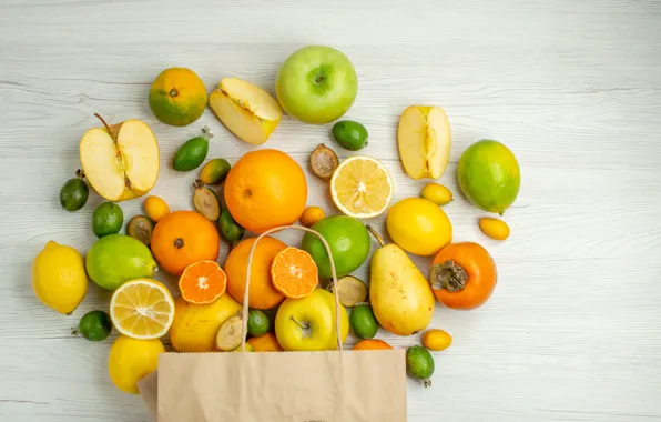 Apples, fruit, light background, citrus, different, tangerines, cuts