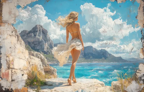 Picture sea, look, girl, nature, pose, shore, blonde, white dress