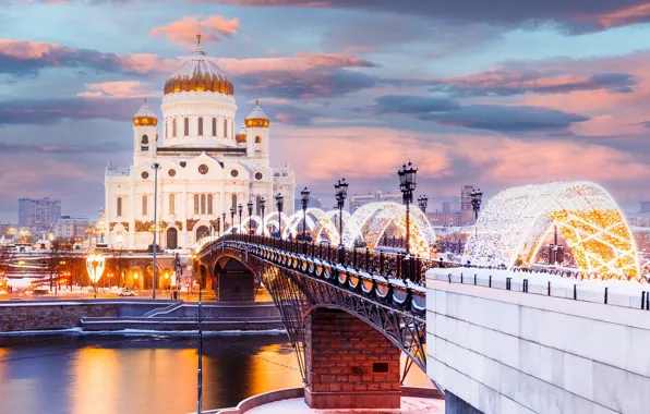 Winter, bridge, river, Moscow, Cathedral, temple, Russia, illumination