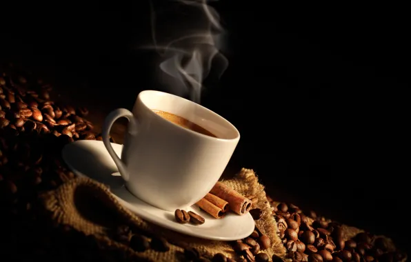 Picture coffee, sticks, Cup, cinnamon, bag, coffee beans, aroma, coffee