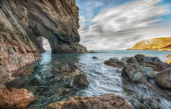 Sea, clouds, stones, rocks, Wales