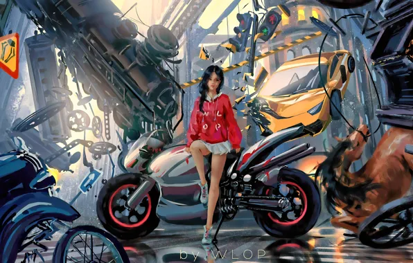 Picture girl, anime, brunette, art, bike