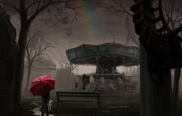 White, girl, rain, toy, rainbow, umbrella, rabbit, art