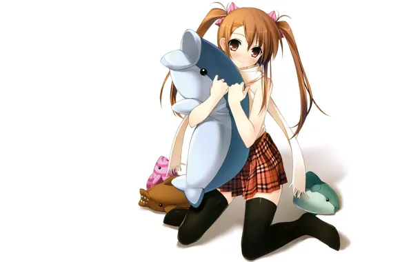 Dolphin, on my knees, black stockings, two tails, soft toys, redhead girl, by kantoku, skirt …