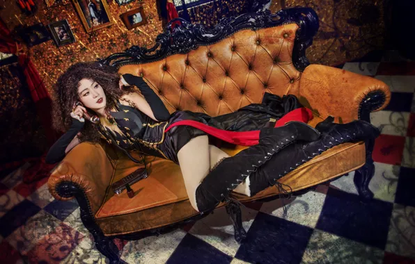 Girl, style, room, sofa, tile, boots, outfit, lies