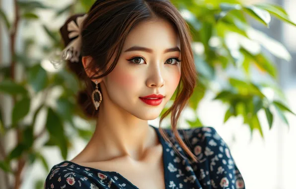 Picture portrait, look, neural network, AI art, face, makeup, girl, Asian