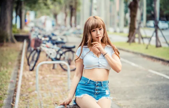 Picture look, girl, background, hair, shorts, figure, Asian