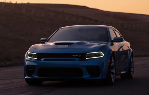 Sunset, lights, the evening, Dodge, front view, Charger, Hellcat, SRT