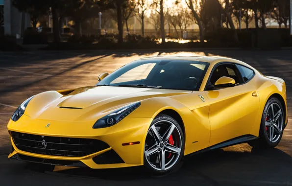 Trees, sunset, yellow, background, Ferrari, Ferrari, supercar, the front