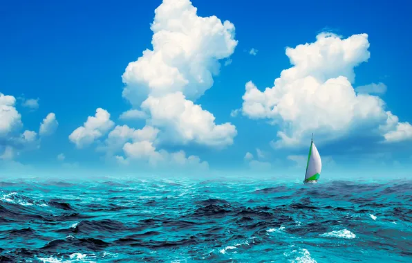 Sea, wave, the sky, water, clouds, blue, boat, sailboat