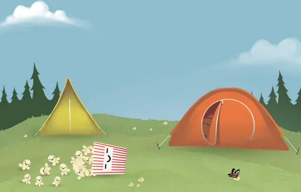 Field, grass, butterfly, tent, grass, field, butterfly, popcorn