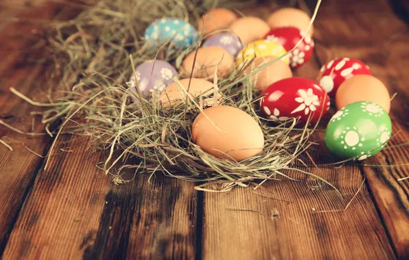 Picture eggs, Easter, hay, eggs