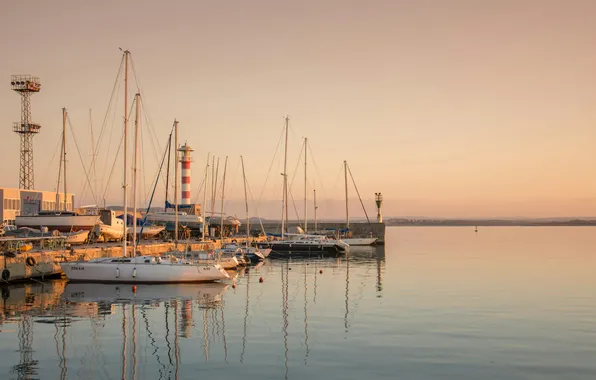 Sea, lighthouse, Marina, yachts, morning, calm, harbour, mast