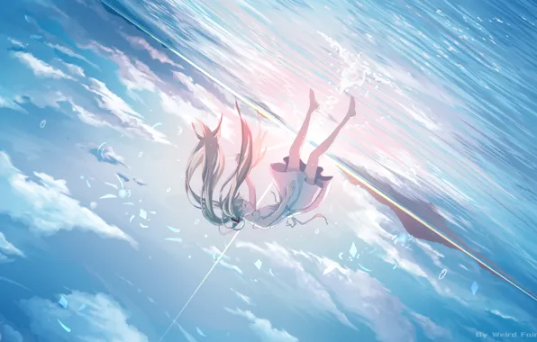 The sky, water, girl, the sun, Hatsune Miku, Vocaloid, falls