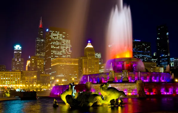 Night, the city, lights, Chicago, fountain, USA, Illinois, iluminacja