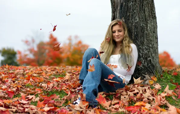 Autumn, leaves, girl