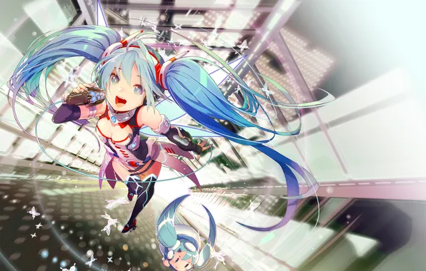 Girl, microphone, vocaloid, hatsune miku, Chibi, tails, gin, oyoyo