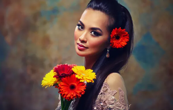 Picture decoration, flowers, background, portrait, bouquet, makeup, brunette, hairstyle