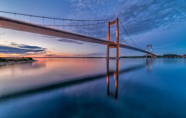 Picture the sky, clouds, sunset, bridge, Strait, reflection, the evening, Denmark