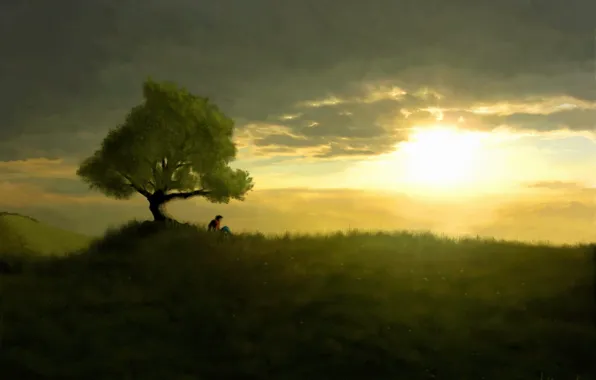 Sunset, loneliness, Tree