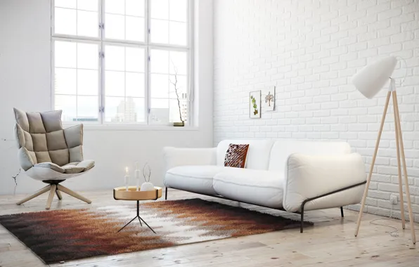 White, sofa, carpet, chair, window, pictures, table, floor lamp