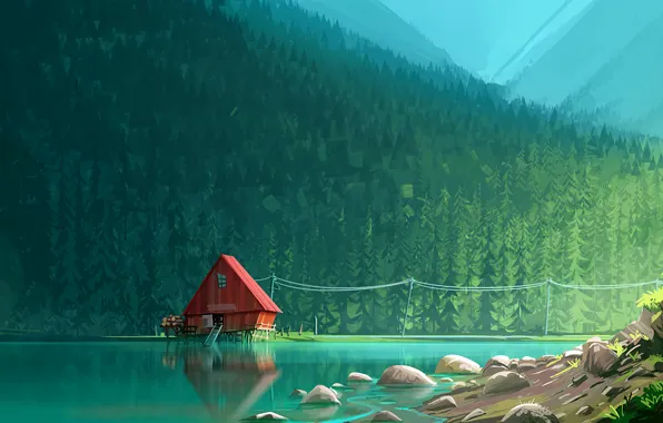 Water, Reflection, Mountains, Lake, River, Mountain, Forest, House
