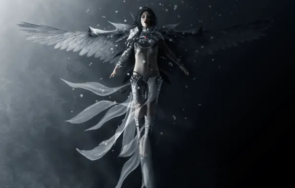 Girl, snowflakes, background, fiction, wings, angel, amulet