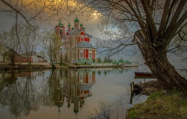 Trees, river, spring, Church, Guseva Elena