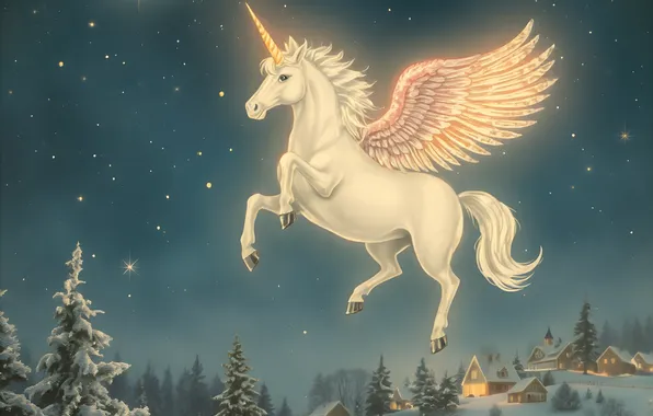 Forest, white, stars, flight, night, lights, horse, horse